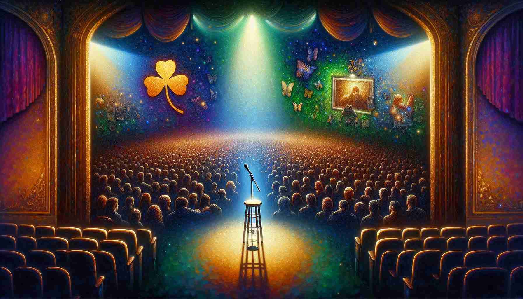 A vivid, high-definition depiction that evokes a sense of farewell. Emphasize the somber, yet appreciative atmosphere associated with the passing of a beloved figure. Include symbolic elements like a dimly lit stage with a single microphone, an empty stool, an audience filled with people of diverse descents, expressing a range of emotions from sadness to gratitude. Also, incorporate Irish cultural elements such as a shamrock or other symbolic Irish iconography, but do not directly reference specific individuals.