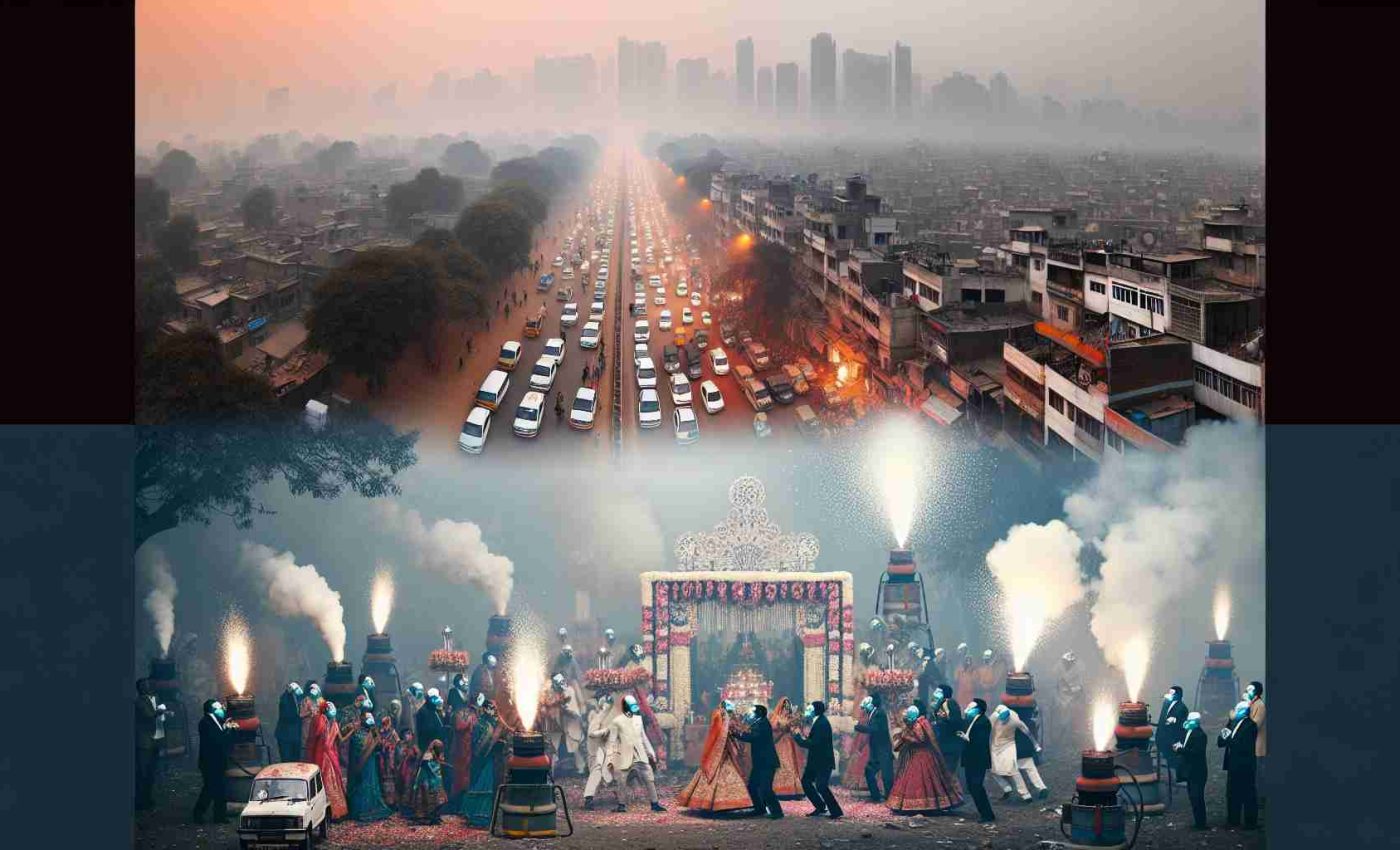 Generate a realistic, high-definition image that portrays Delhi's air quality plummeting, with elements indicating 'The Wedding Factor'. This could include visuals of heavy smog enveloping the cityscape, masked individuals trying to navigate through the haze, and wedding celebrations becoming a contributing factor to the pollution. Perhaps a side-by-side image of a wedding procession, characterized by fireworks and old diesel generators, while the skyline in the background is marred by increasingly dense smog.