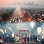 Generate a realistic, high-definition image that portrays Delhi's air quality plummeting, with elements indicating 'The Wedding Factor'. This could include visuals of heavy smog enveloping the cityscape, masked individuals trying to navigate through the haze, and wedding celebrations becoming a contributing factor to the pollution. Perhaps a side-by-side image of a wedding procession, characterized by fireworks and old diesel generators, while the skyline in the background is marred by increasingly dense smog.