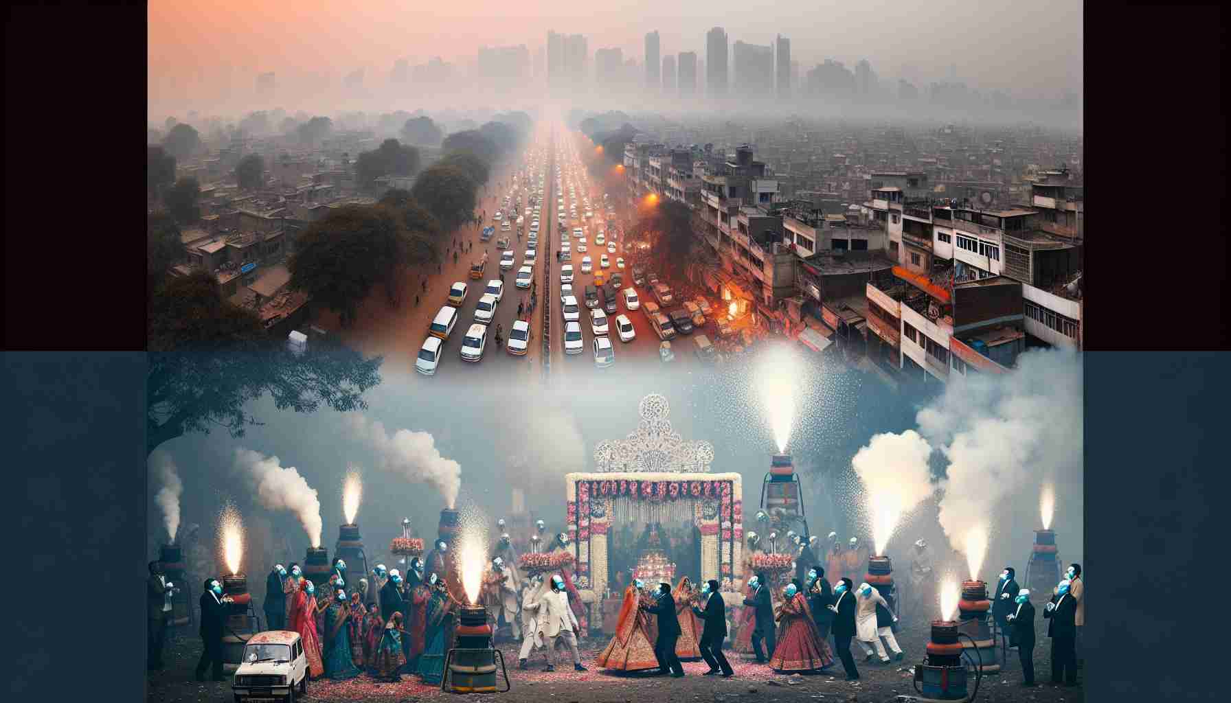 Generate a realistic, high-definition image that portrays Delhi's air quality plummeting, with elements indicating 'The Wedding Factor'. This could include visuals of heavy smog enveloping the cityscape, masked individuals trying to navigate through the haze, and wedding celebrations becoming a contributing factor to the pollution. Perhaps a side-by-side image of a wedding procession, characterized by fireworks and old diesel generators, while the skyline in the background is marred by increasingly dense smog.