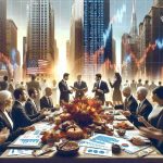 A high-definition, realistic image representing a surge in Wall Street during Thanksgiving season. The scene captures the bustling financial district with towering skyscrapers, stock market tickers showing a positive trend, and people enthusiastically discussing investments. In the foreground, there are business reports and graphs scattered on a table, symbolizing the in-depth analysis required by investors. This diverse group of investors, including Caucasian, Hispanic, Middle-Eastern, and South Asian men and women, clad in formal attire is absorbed in their financial discussions, symbolizing the busy world of investing.