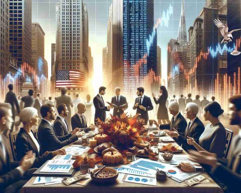 A high-definition, realistic image representing a surge in Wall Street during Thanksgiving season. The scene captures the bustling financial district with towering skyscrapers, stock market tickers showing a positive trend, and people enthusiastically discussing investments. In the foreground, there are business reports and graphs scattered on a table, symbolizing the in-depth analysis required by investors. This diverse group of investors, including Caucasian, Hispanic, Middle-Eastern, and South Asian men and women, clad in formal attire is absorbed in their financial discussions, symbolizing the busy world of investing.