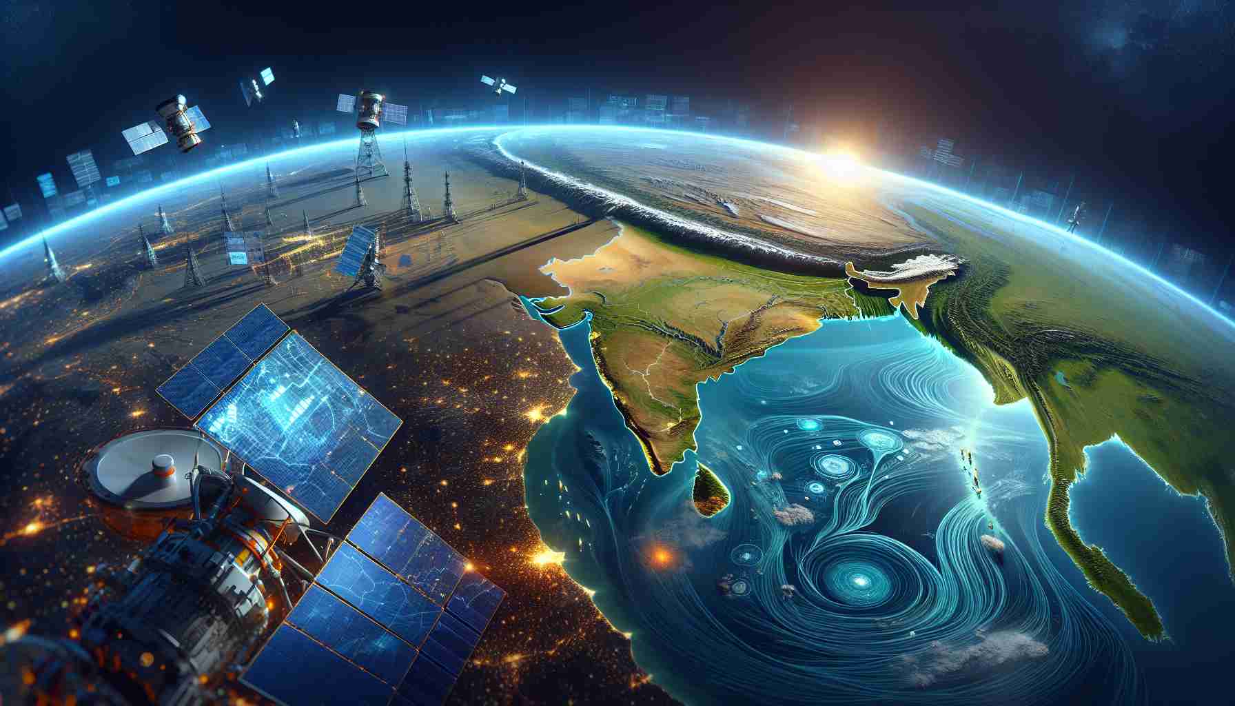 Generate a high-definition, realistic image representing the concept of unraveling the mysteries of the Bay of Bengal through groundbreaking satellite insights. The scene should showcase the Bay of Bengal viewed from outer space, with various technological components such as satellites, data visualizations of ocean currents, temperature gradients, and biodiversity patterns. The curvature of the earth's surface should be apparent, and the regional view of the Bay of Bengal should be dominant, displaying its unique geography and the surrounding lands.