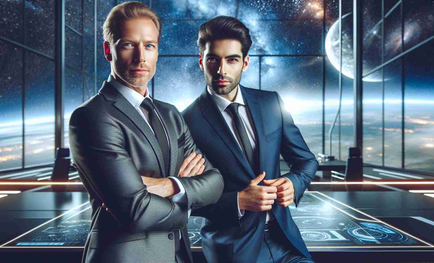 Realistic HD photo showcasing a charismatic businessman and a visionary entrepreneur: A Dynamic Duo at a futuristic space exploration company's Galactic Test