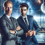 Realistic HD photo showcasing a charismatic businessman and a visionary entrepreneur: A Dynamic Duo at a futuristic space exploration company's Galactic Test