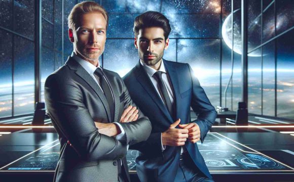 Realistic HD photo showcasing a charismatic businessman and a visionary entrepreneur: A Dynamic Duo at a futuristic space exploration company's Galactic Test