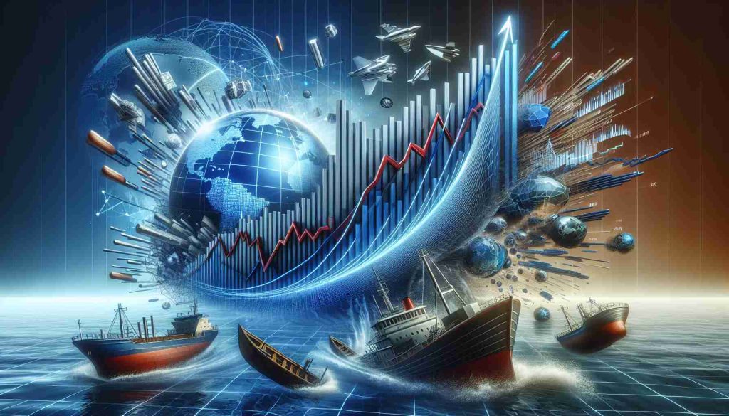 A high-definition, realistic image capturing the concept of diverging market conditions. The foreground showcases a graph dramatically rising, symbolizing the soaring of tech stocks, designed in blues and silvers to evoke a digital, technological vibe. In contrast, the background features different types of stocks, depicted in reds and browns, sinking and struggling, perhaps symbolized through various sinking vessels or falling objects to visualize the concept of 'meltdown'. A stock market ticker tape scrolls along the bottom of the image, indicating various stock market indices, while news headlines and commentaries border the edge, articulating the current market scenario.