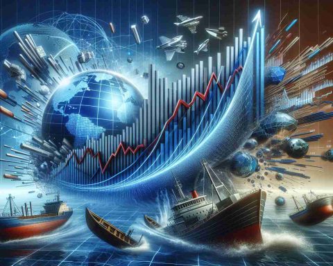 A high-definition, realistic image capturing the concept of diverging market conditions. The foreground showcases a graph dramatically rising, symbolizing the soaring of tech stocks, designed in blues and silvers to evoke a digital, technological vibe. In contrast, the background features different types of stocks, depicted in reds and browns, sinking and struggling, perhaps symbolized through various sinking vessels or falling objects to visualize the concept of 'meltdown'. A stock market ticker tape scrolls along the bottom of the image, indicating various stock market indices, while news headlines and commentaries border the edge, articulating the current market scenario.