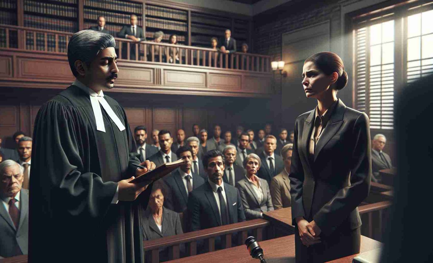 An intensely realistic, high-definition image of a courtroom scene. A judge, a South Asian male, in traditional black gown, is reading out a verdict, solemn and serious. The accused, a woman of Hispanic descent wearing a formal dark-colored suit, is standing next to her lawyer, a middle-aged Black gentleman dressed in a sharp suit. The courtroom is packed, the spectators a mix of various descents. An air of shock is apparent, but not sensationalized. The text overlay reads: 'Shocking Verdict: Lawyer's Wife Found Guilty of Murder'. Note: This image should resonate with the intense and somber atmosphere of a courtroom rather than making a spectacle of the situation.