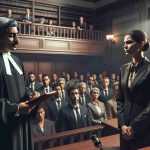 An intensely realistic, high-definition image of a courtroom scene. A judge, a South Asian male, in traditional black gown, is reading out a verdict, solemn and serious. The accused, a woman of Hispanic descent wearing a formal dark-colored suit, is standing next to her lawyer, a middle-aged Black gentleman dressed in a sharp suit. The courtroom is packed, the spectators a mix of various descents. An air of shock is apparent, but not sensationalized. The text overlay reads: 'Shocking Verdict: Lawyer's Wife Found Guilty of Murder'. Note: This image should resonate with the intense and somber atmosphere of a courtroom rather than making a spectacle of the situation.