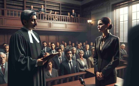 An intensely realistic, high-definition image of a courtroom scene. A judge, a South Asian male, in traditional black gown, is reading out a verdict, solemn and serious. The accused, a woman of Hispanic descent wearing a formal dark-colored suit, is standing next to her lawyer, a middle-aged Black gentleman dressed in a sharp suit. The courtroom is packed, the spectators a mix of various descents. An air of shock is apparent, but not sensationalized. The text overlay reads: 'Shocking Verdict: Lawyer's Wife Found Guilty of Murder'. Note: This image should resonate with the intense and somber atmosphere of a courtroom rather than making a spectacle of the situation.