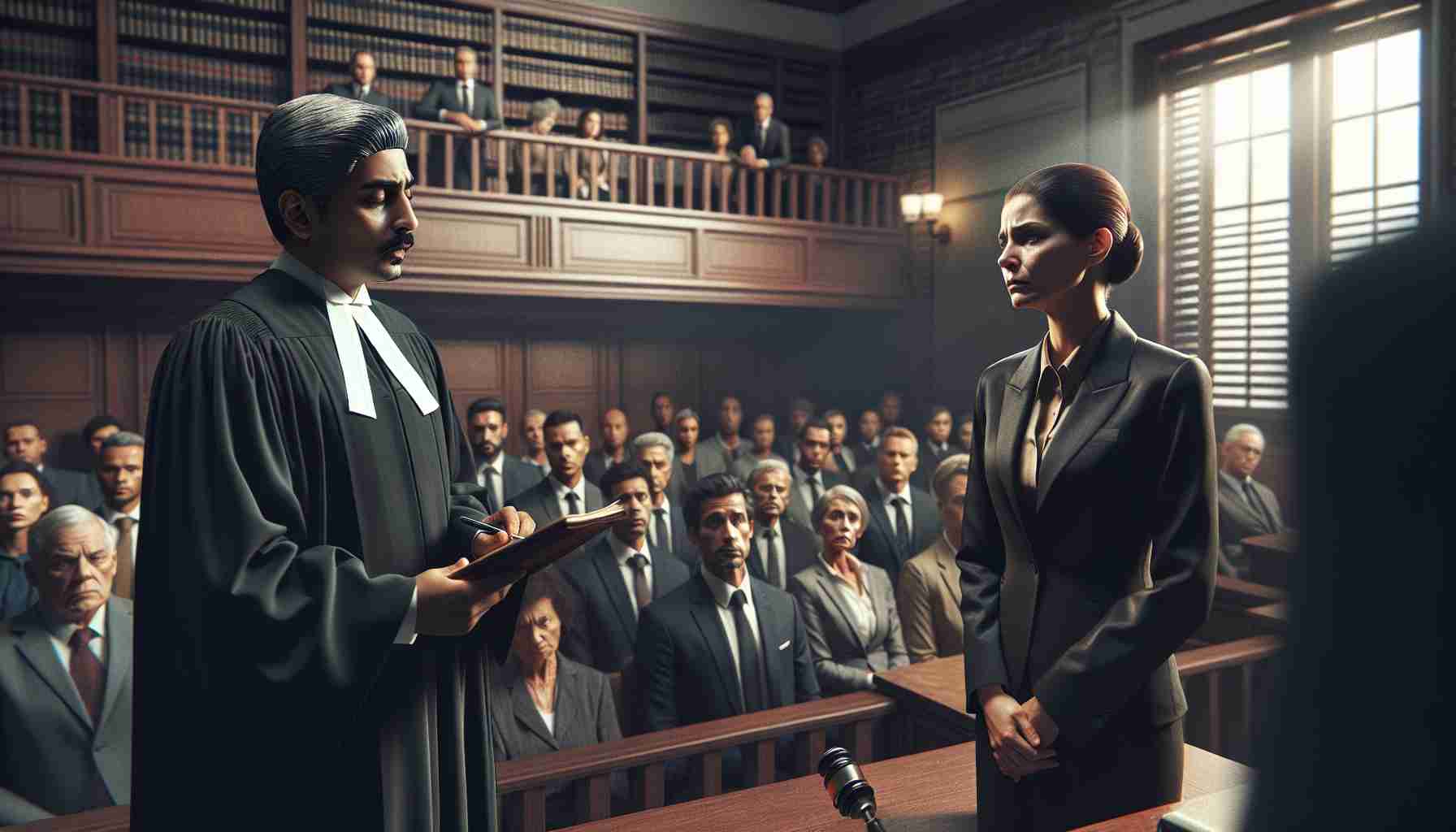 An intensely realistic, high-definition image of a courtroom scene. A judge, a South Asian male, in traditional black gown, is reading out a verdict, solemn and serious. The accused, a woman of Hispanic descent wearing a formal dark-colored suit, is standing next to her lawyer, a middle-aged Black gentleman dressed in a sharp suit. The courtroom is packed, the spectators a mix of various descents. An air of shock is apparent, but not sensationalized. The text overlay reads: 'Shocking Verdict: Lawyer's Wife Found Guilty of Murder'. Note: This image should resonate with the intense and somber atmosphere of a courtroom rather than making a spectacle of the situation.