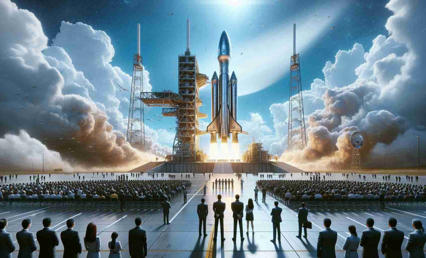 Generate a highly detailed and realistic HD image of a space exploration company's pioneering mission countdown, as the sixth launch of Starship type spacecraft is about to take place. Show the anticipation and exhilaration of such a moment, with the large metallic spacecraft on the launchpad, ready to embark on its groundbreaking journey, under a bright blue sky with white fluffy clouds, surrounded by staff, officials, and onlookers gathered in anticipation.