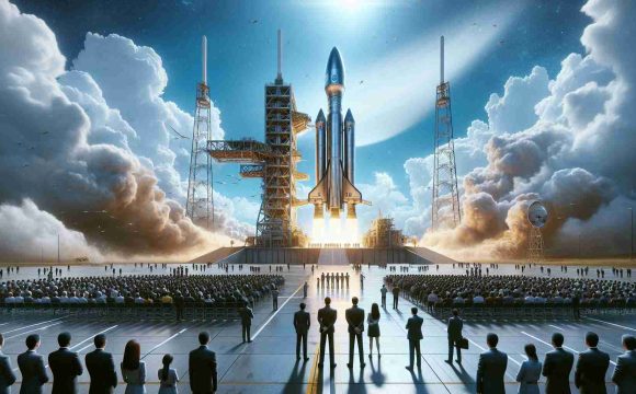 Generate a highly detailed and realistic HD image of a space exploration company's pioneering mission countdown, as the sixth launch of Starship type spacecraft is about to take place. Show the anticipation and exhilaration of such a moment, with the large metallic spacecraft on the launchpad, ready to embark on its groundbreaking journey, under a bright blue sky with white fluffy clouds, surrounded by staff, officials, and onlookers gathered in anticipation.