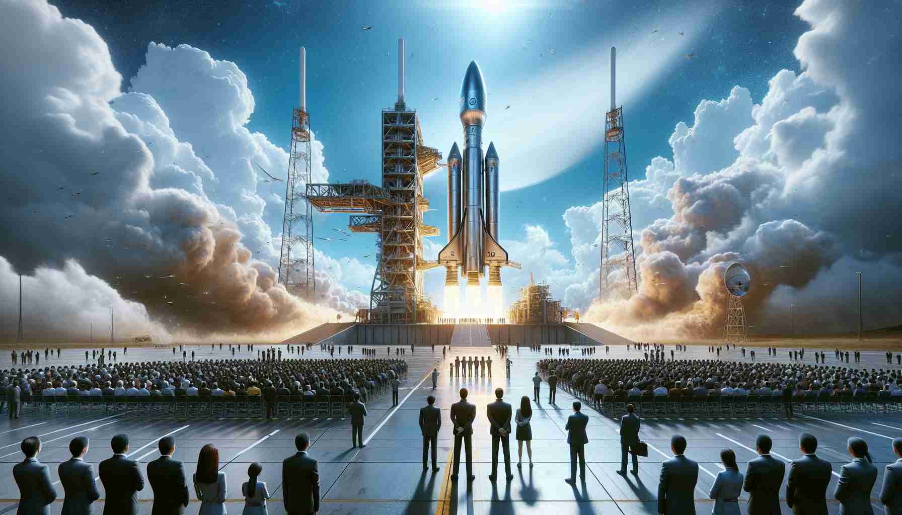 Generate a highly detailed and realistic HD image of a space exploration company's pioneering mission countdown, as the sixth launch of Starship type spacecraft is about to take place. Show the anticipation and exhilaration of such a moment, with the large metallic spacecraft on the launchpad, ready to embark on its groundbreaking journey, under a bright blue sky with white fluffy clouds, surrounded by staff, officials, and onlookers gathered in anticipation.