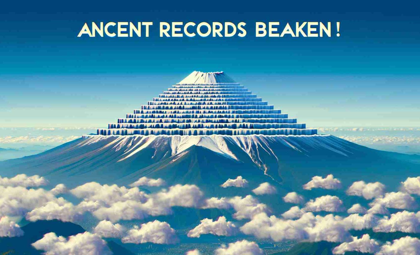 Generate a highly detailed, realistic image of Mount Fuji's summit appearing without its typical snow cap, accompanied by text stating 'Ancient Records Broken!' symbolizing the uniqueness of this environmental phenomenon.