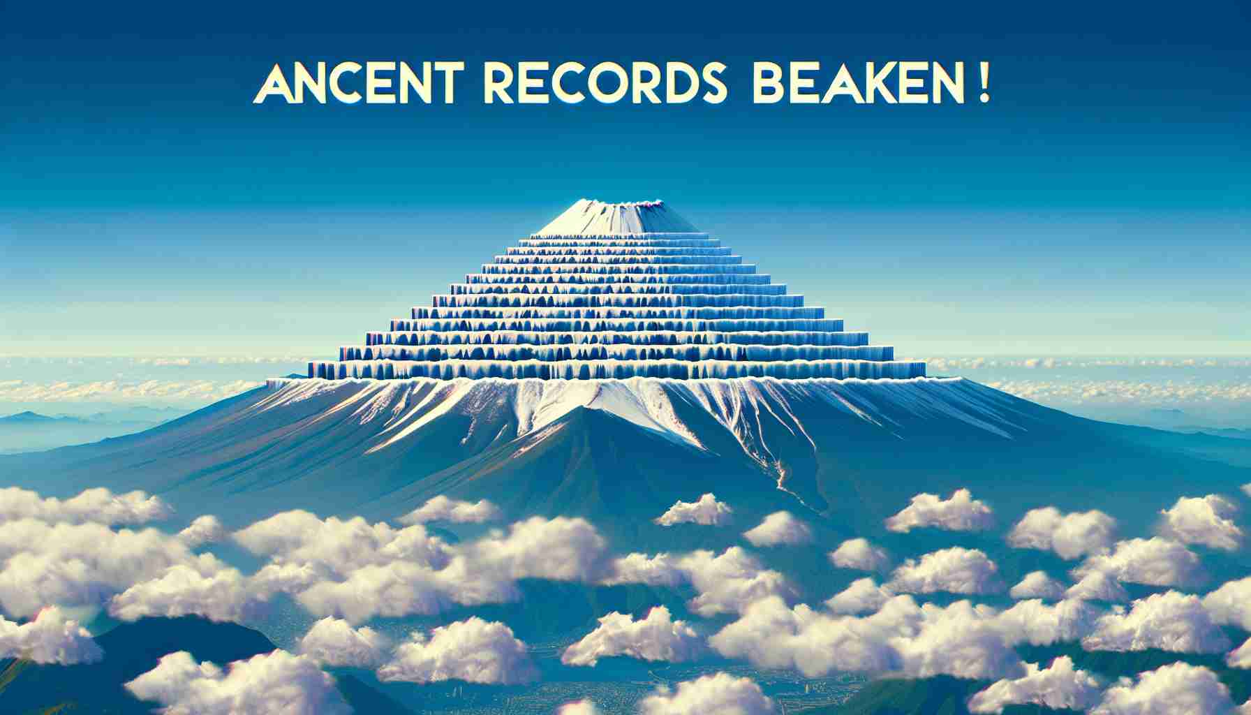 Generate a highly detailed, realistic image of Mount Fuji's summit appearing without its typical snow cap, accompanied by text stating 'Ancient Records Broken!' symbolizing the uniqueness of this environmental phenomenon.