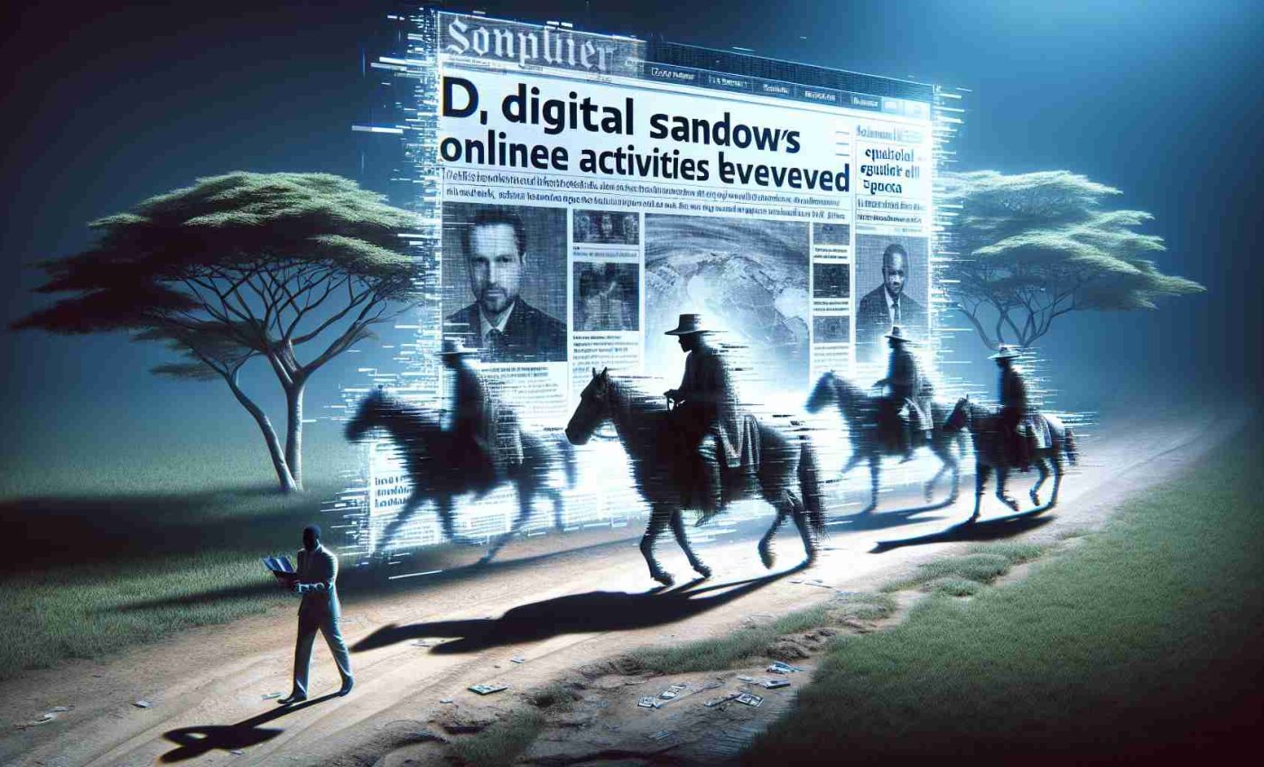 Dalle, please create a realistic and high-definition image. The central focus should be on digital shadows, which represent a metaphorical concept of online activities leaving traces. The image's setting is Equatorial Guinea and it hints on a new scandal getting revealed. Depict this as if it's a headline, possibly portrayed in a digital newspaper. Make sure the hints of scandal are ambiguous and not linked to any real life figures or situations. The overall mood should be dramatic and mysterious.