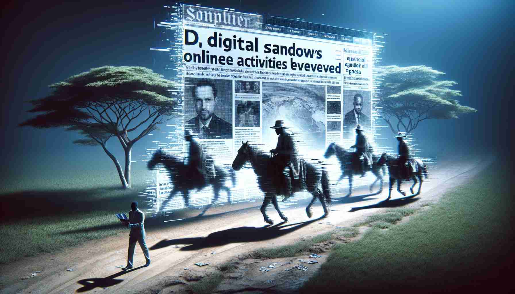 Dalle, please create a realistic and high-definition image. The central focus should be on digital shadows, which represent a metaphorical concept of online activities leaving traces. The image's setting is Equatorial Guinea and it hints on a new scandal getting revealed. Depict this as if it's a headline, possibly portrayed in a digital newspaper. Make sure the hints of scandal are ambiguous and not linked to any real life figures or situations. The overall mood should be dramatic and mysterious.