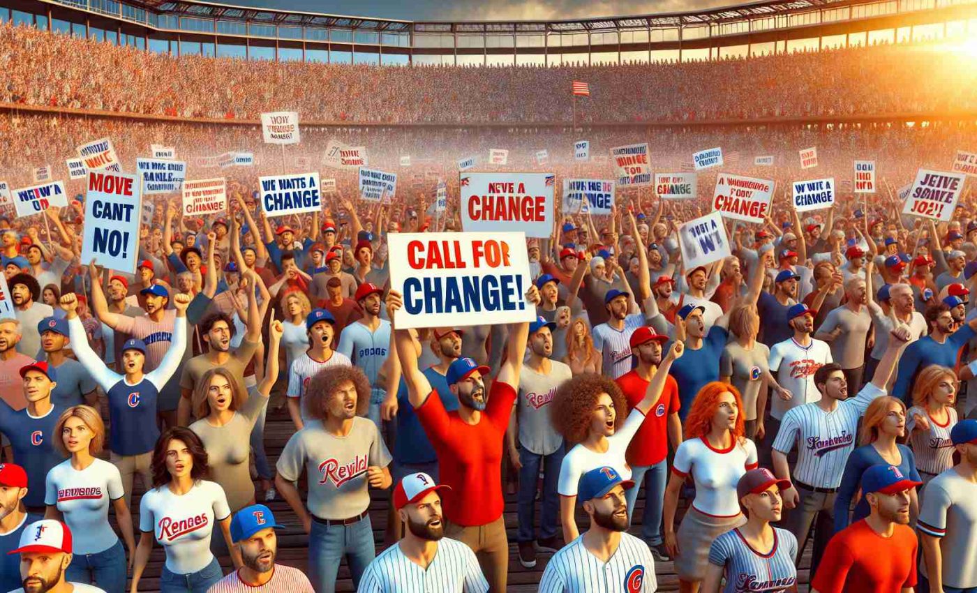 An image showcasing an eager crowd of diverse descent and both genders, who are die-hard fans of a prestigious baseball team, displaying their unwavering spirit despite a disappointing season. They are holding up signs calling for a change, expressing their thirst for a revolution in the team dynamics. Preferably in high definition and realistic style portraying a large stadium packed with fans filled with anticipation and fervor.