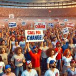 An image showcasing an eager crowd of diverse descent and both genders, who are die-hard fans of a prestigious baseball team, displaying their unwavering spirit despite a disappointing season. They are holding up signs calling for a change, expressing their thirst for a revolution in the team dynamics. Preferably in high definition and realistic style portraying a large stadium packed with fans filled with anticipation and fervor.