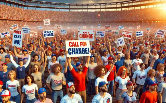 An image showcasing an eager crowd of diverse descent and both genders, who are die-hard fans of a prestigious baseball team, displaying their unwavering spirit despite a disappointing season. They are holding up signs calling for a change, expressing their thirst for a revolution in the team dynamics. Preferably in high definition and realistic style portraying a large stadium packed with fans filled with anticipation and fervor.