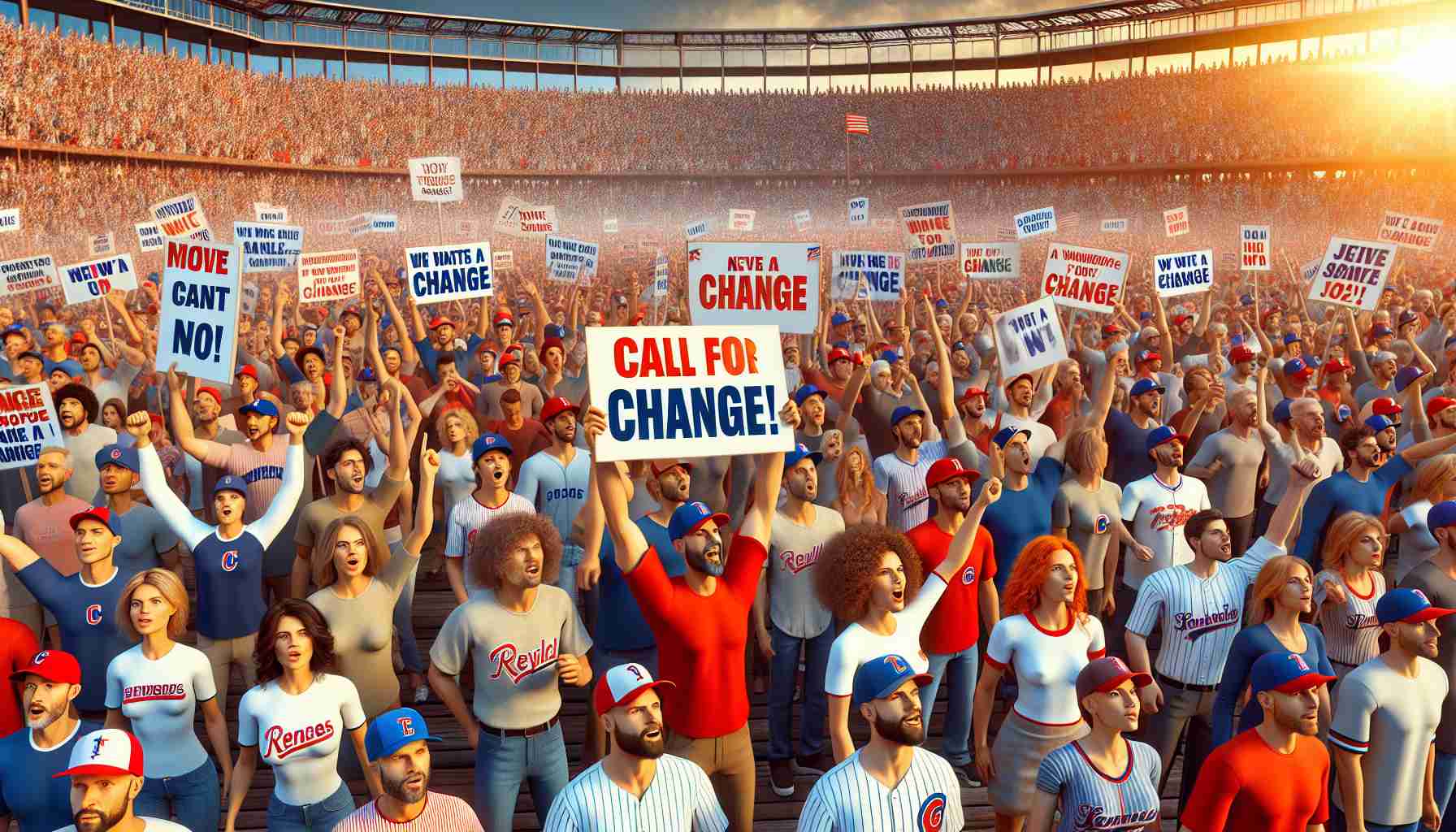 An image showcasing an eager crowd of diverse descent and both genders, who are die-hard fans of a prestigious baseball team, displaying their unwavering spirit despite a disappointing season. They are holding up signs calling for a change, expressing their thirst for a revolution in the team dynamics. Preferably in high definition and realistic style portraying a large stadium packed with fans filled with anticipation and fervor.