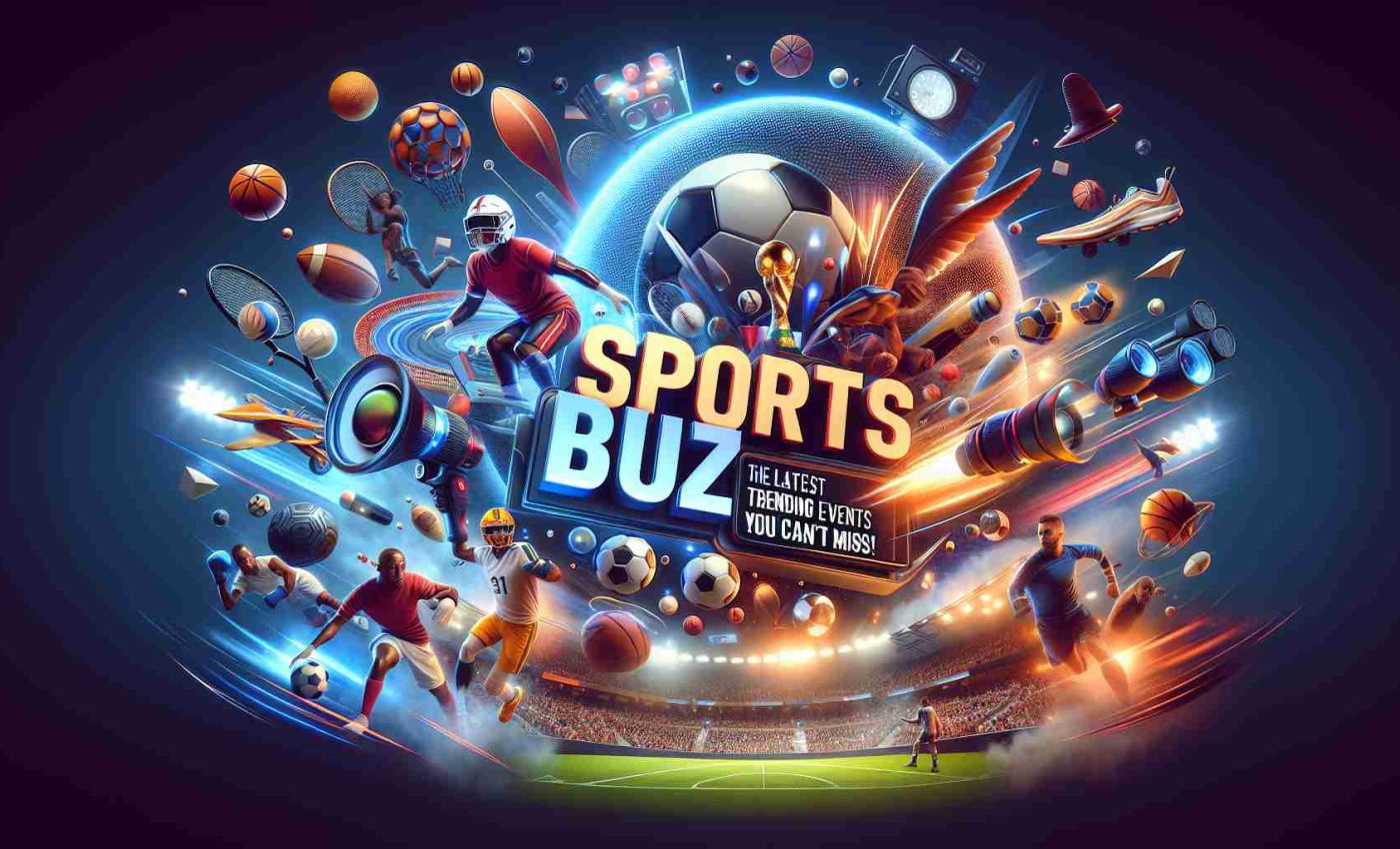 Generate a high-definition, realistic image that encapsulates the excitement and energy of the latest trending sports events. The image should include elements representative of a variety of sports activities. It should also feature text somewhere in the scene that says, 'Sports Buzz: The Latest Trending Events That You Can’t Miss!'.