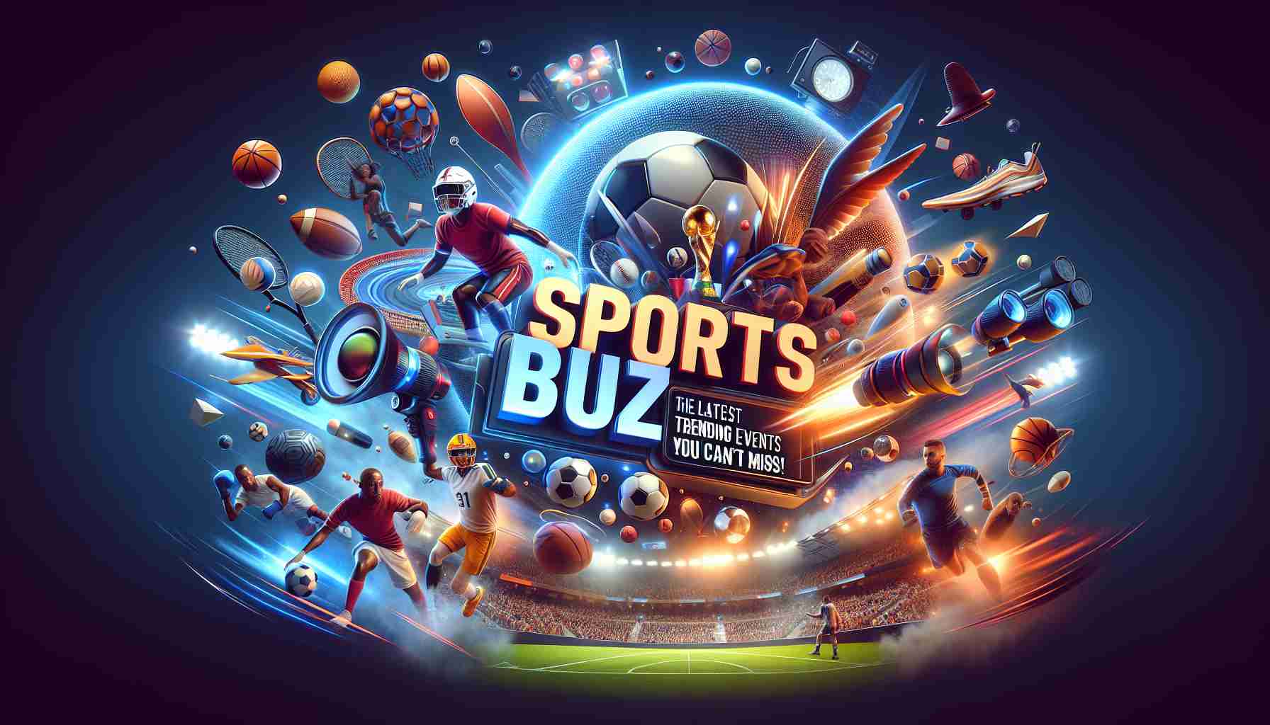 Generate a high-definition, realistic image that encapsulates the excitement and energy of the latest trending sports events. The image should include elements representative of a variety of sports activities. It should also feature text somewhere in the scene that says, 'Sports Buzz: The Latest Trending Events That You Can’t Miss!'.