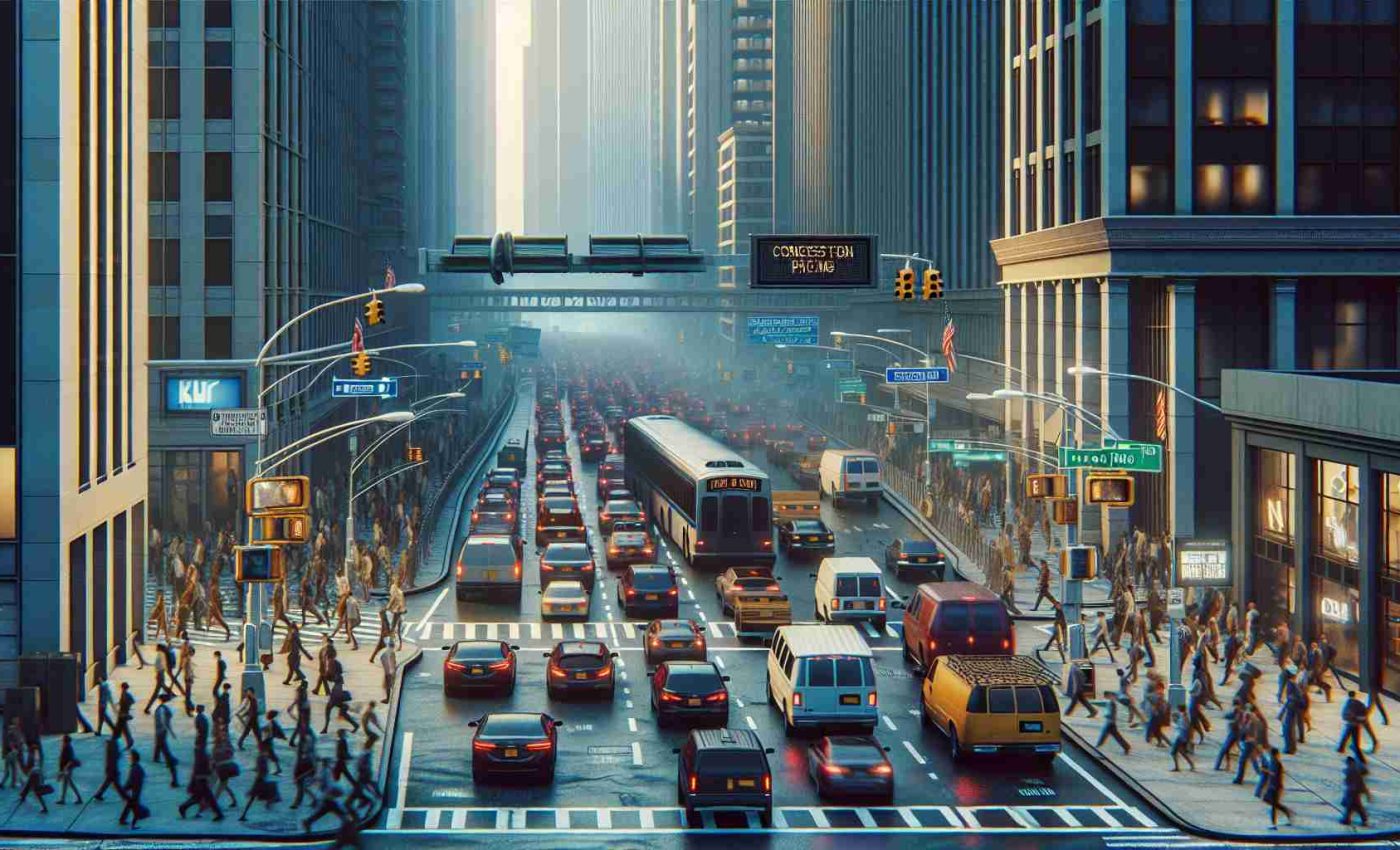 Generate a realistic, high-definition image of a typical scene in New York's central business area where congestion pricing applies. The scene should exhibit characteristics of heavy traffic congestion, such as numerous vehicles of different types, pedestrians rushing to their destinations, traffic lights and signs, tall skyscrapers, and distinctive city features. The mood of the scene should convey the looming introduction of toll charges.