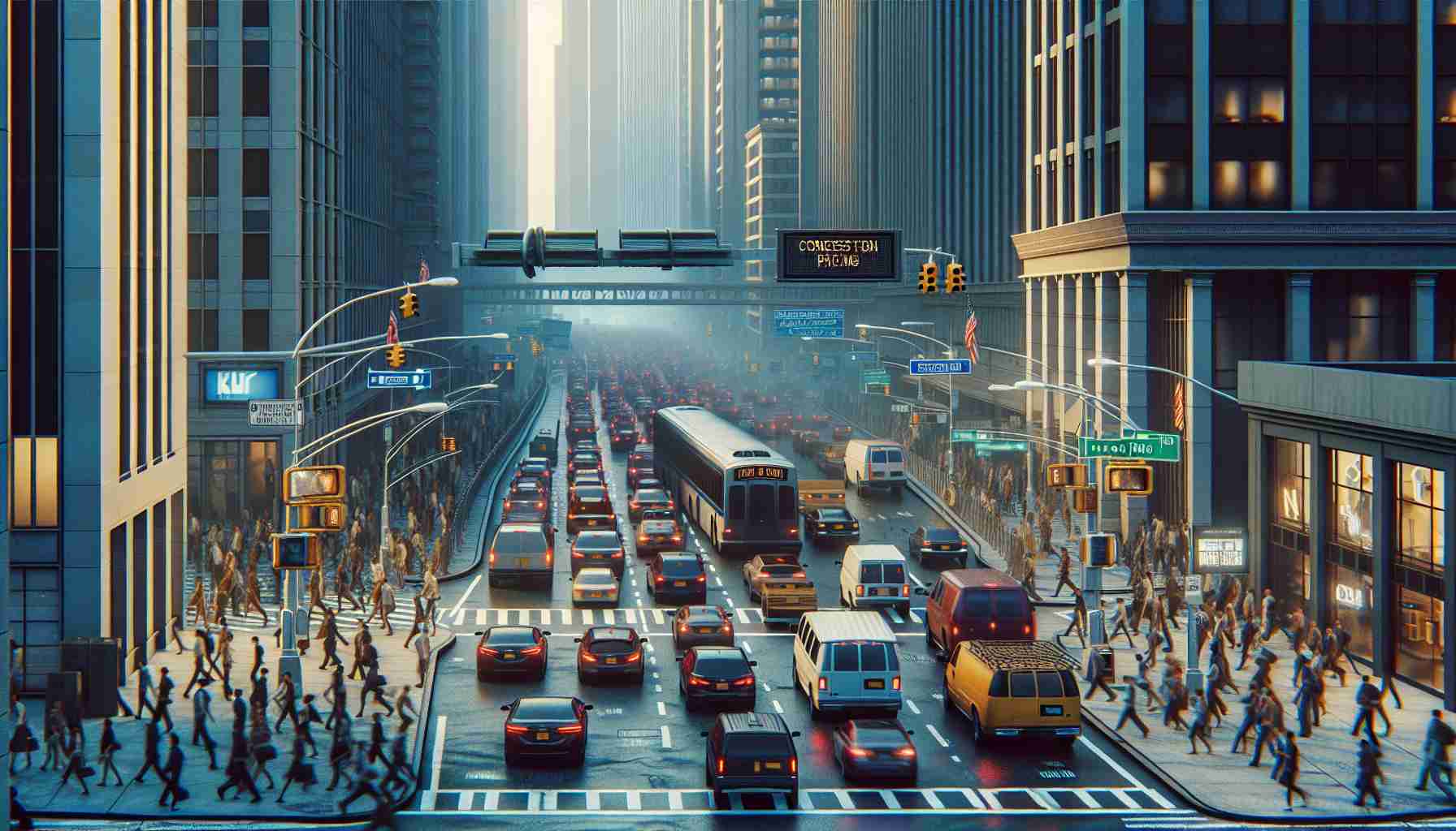 Generate a realistic, high-definition image of a typical scene in New York's central business area where congestion pricing applies. The scene should exhibit characteristics of heavy traffic congestion, such as numerous vehicles of different types, pedestrians rushing to their destinations, traffic lights and signs, tall skyscrapers, and distinctive city features. The mood of the scene should convey the looming introduction of toll charges.