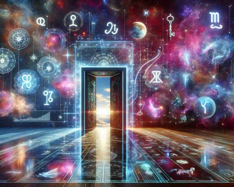 Imagine a futuristic vision of astrology websites in the year 2024. Picture a high-definition, realistic image that demonstrates technological advancements such as artificial intelligence predictions, advanced user interfaces, interactive star charts, and personalized horoscope reports. The theme is 'Unlock the Stars!', so include symbolic elements like a key or a doorway opening into a stunning cosmic landscape. Make the imagery vibrant and captivating, with technicolor galaxies and shimmering constellations. Reflections of zodiac signs can also be intertwined for added depth and connection to the subject.