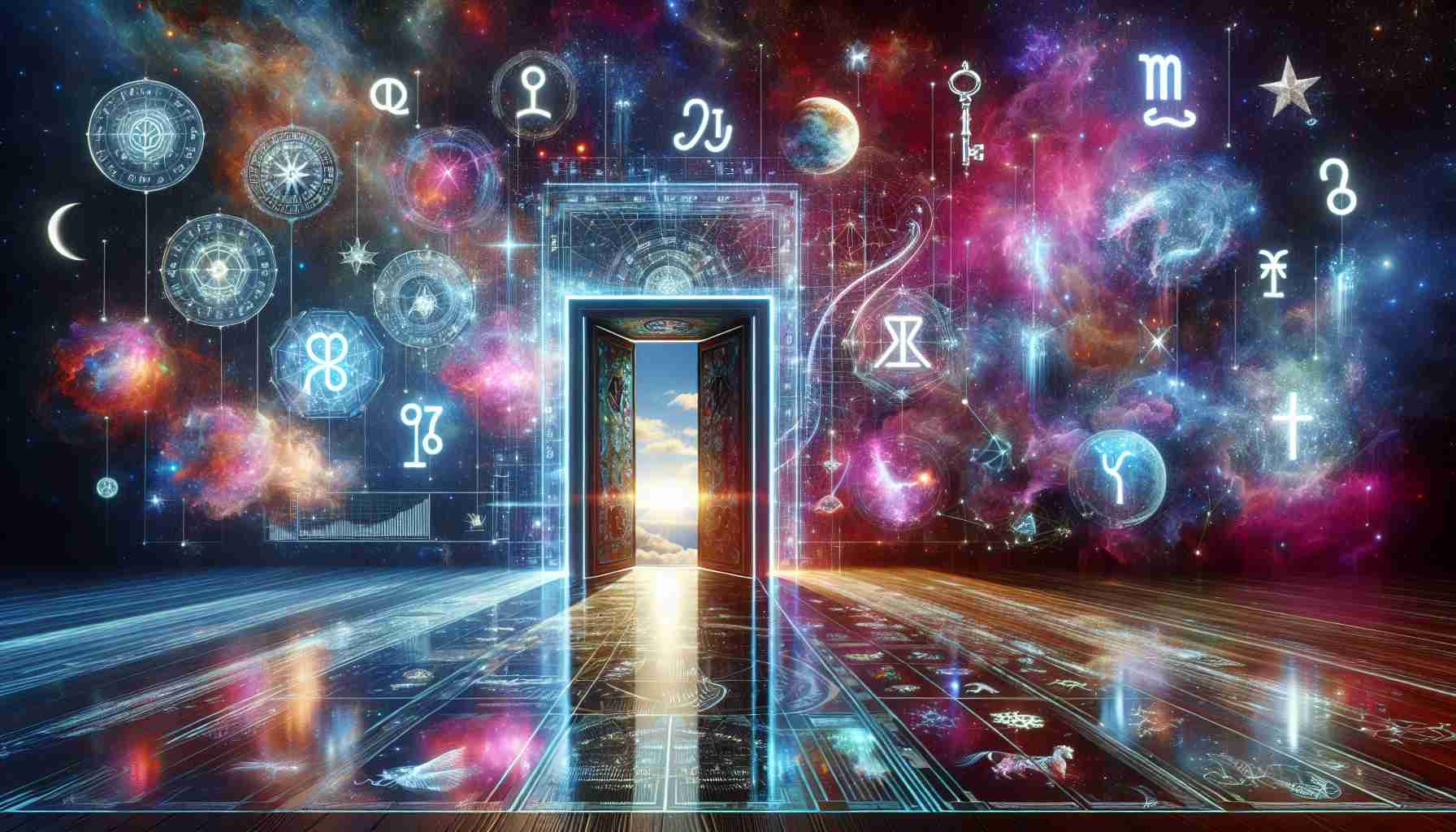 Imagine a futuristic vision of astrology websites in the year 2024. Picture a high-definition, realistic image that demonstrates technological advancements such as artificial intelligence predictions, advanced user interfaces, interactive star charts, and personalized horoscope reports. The theme is 'Unlock the Stars!', so include symbolic elements like a key or a doorway opening into a stunning cosmic landscape. Make the imagery vibrant and captivating, with technicolor galaxies and shimmering constellations. Reflections of zodiac signs can also be intertwined for added depth and connection to the subject.