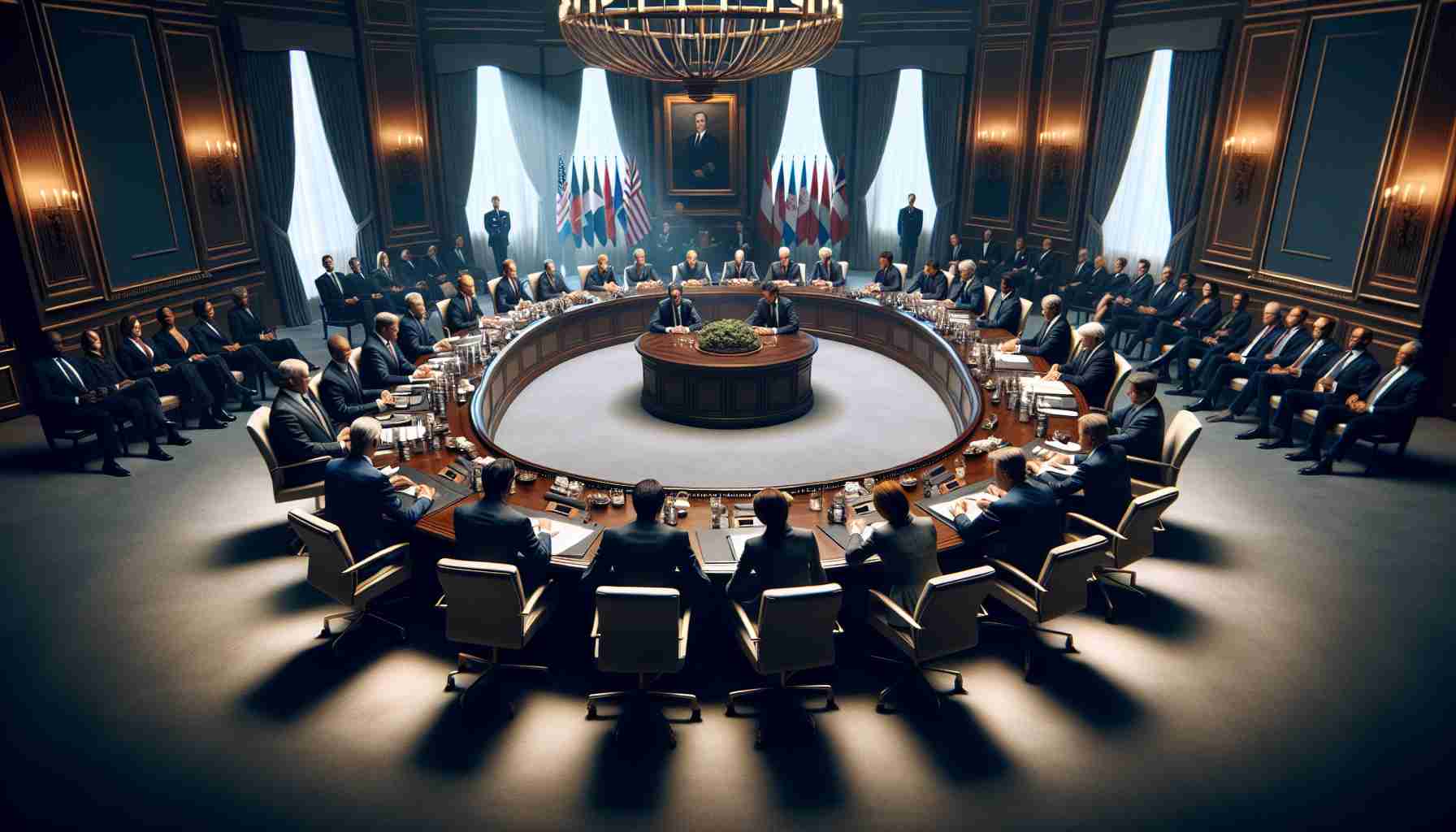 A high-definition, realistic image of the tension in a new season of a diplomatic series. Picture a detailed scene where diplomatic negotiations are taking place. The room is filled with various international representatives sitting around a large round table, looking serious and focussed. The atmosphere is thick with suspense and tension, reflecting the complexities of the new season. Please exclude any specific real-life politicians or public figures.