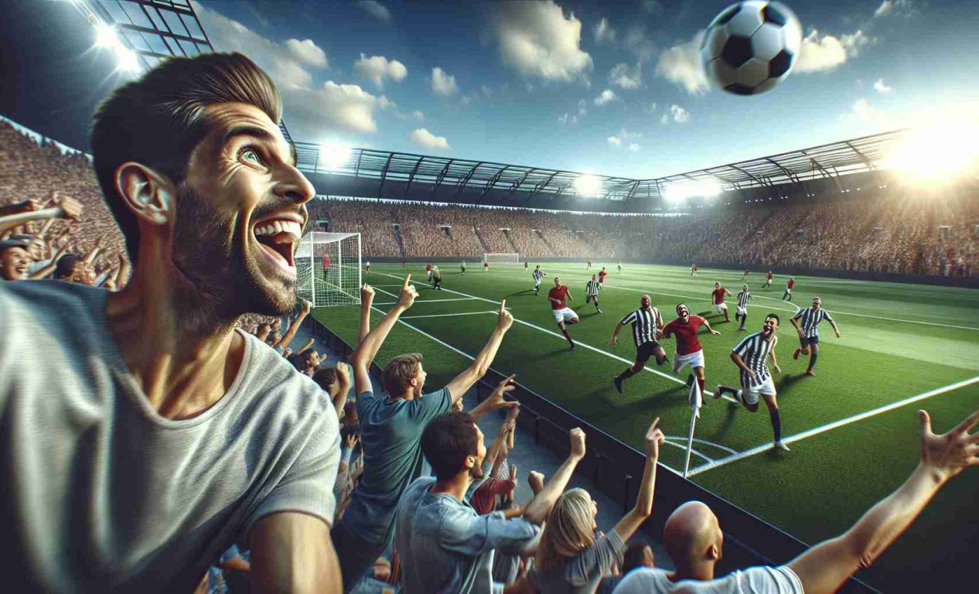 Generate a high-definition, realistic image portraying a thrilling sports game day excitement. Show broad smiles on the faces of the spectators in the crowded stands, their eyes prevailingly glued to the intense actions on the field. The environment should be vibrant with the large, well-lit field hosting a soccer match, the ball in mid-air, poised to reach either of the goals. Right in the heart of the pitch, a flurry of rival players representing different teams, a mixture of Caucasians, Blacks, Hispanics and South Asians – all men and women, passionately chasing the ball. The sky overhead should be clear blue, signifying a pleasant day.