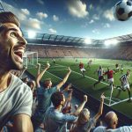 Generate a high-definition, realistic image portraying a thrilling sports game day excitement. Show broad smiles on the faces of the spectators in the crowded stands, their eyes prevailingly glued to the intense actions on the field. The environment should be vibrant with the large, well-lit field hosting a soccer match, the ball in mid-air, poised to reach either of the goals. Right in the heart of the pitch, a flurry of rival players representing different teams, a mixture of Caucasians, Blacks, Hispanics and South Asians – all men and women, passionately chasing the ball. The sky overhead should be clear blue, signifying a pleasant day.