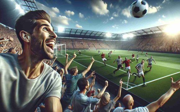 Generate a high-definition, realistic image portraying a thrilling sports game day excitement. Show broad smiles on the faces of the spectators in the crowded stands, their eyes prevailingly glued to the intense actions on the field. The environment should be vibrant with the large, well-lit field hosting a soccer match, the ball in mid-air, poised to reach either of the goals. Right in the heart of the pitch, a flurry of rival players representing different teams, a mixture of Caucasians, Blacks, Hispanics and South Asians – all men and women, passionately chasing the ball. The sky overhead should be clear blue, signifying a pleasant day.