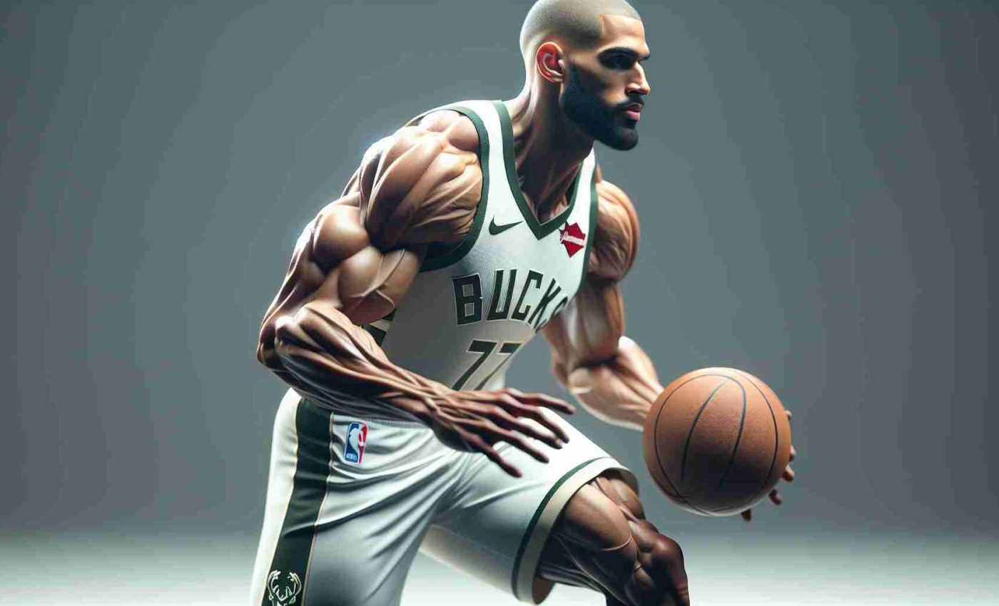 A high-definition, realistic image depicting a professional basketball player, tall and muscular with a physique typically found in such athletes, dressed in the Milwaukee Bucks uniform. He's in the motion of dribbling the basketball, potentially indicating a strategic change in positioning. The scene reflects the tension of a pivotal moment in the game.