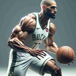 A high-definition, realistic image depicting a professional basketball player, tall and muscular with a physique typically found in such athletes, dressed in the Milwaukee Bucks uniform. He's in the motion of dribbling the basketball, potentially indicating a strategic change in positioning. The scene reflects the tension of a pivotal moment in the game.