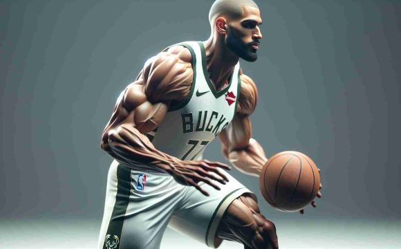 A high-definition, realistic image depicting a professional basketball player, tall and muscular with a physique typically found in such athletes, dressed in the Milwaukee Bucks uniform. He's in the motion of dribbling the basketball, potentially indicating a strategic change in positioning. The scene reflects the tension of a pivotal moment in the game.