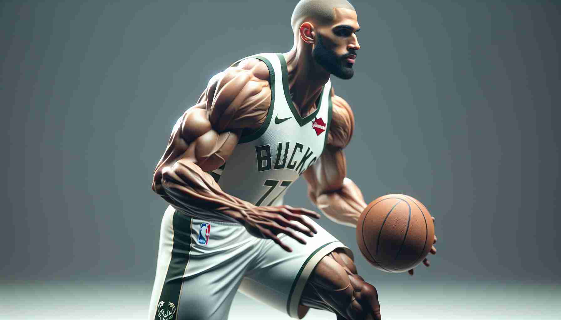 A high-definition, realistic image depicting a professional basketball player, tall and muscular with a physique typically found in such athletes, dressed in the Milwaukee Bucks uniform. He's in the motion of dribbling the basketball, potentially indicating a strategic change in positioning. The scene reflects the tension of a pivotal moment in the game.