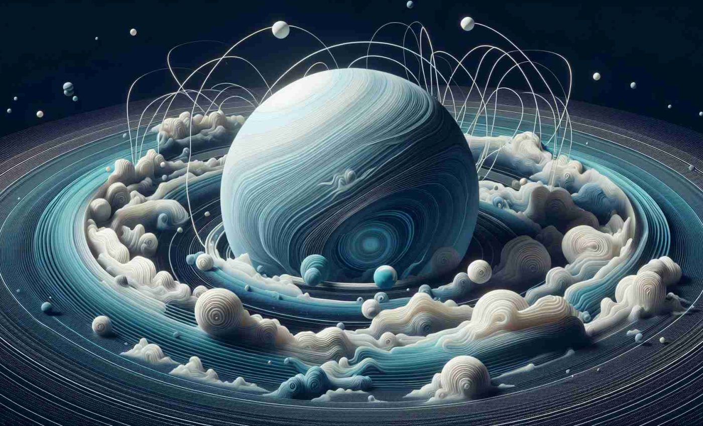 Create a high-definition, realistic image illustrating the mysteries of Uranus's magnetic field, representing an unplugged version with new perspectives. Visualize undulating lines around the planet to signify the unique nature of the magnetic field. Use shades of pale blue as the predominant color with interspersed white clouds and dark blue structures, simulating the planet's unconventional and captivating appearance.