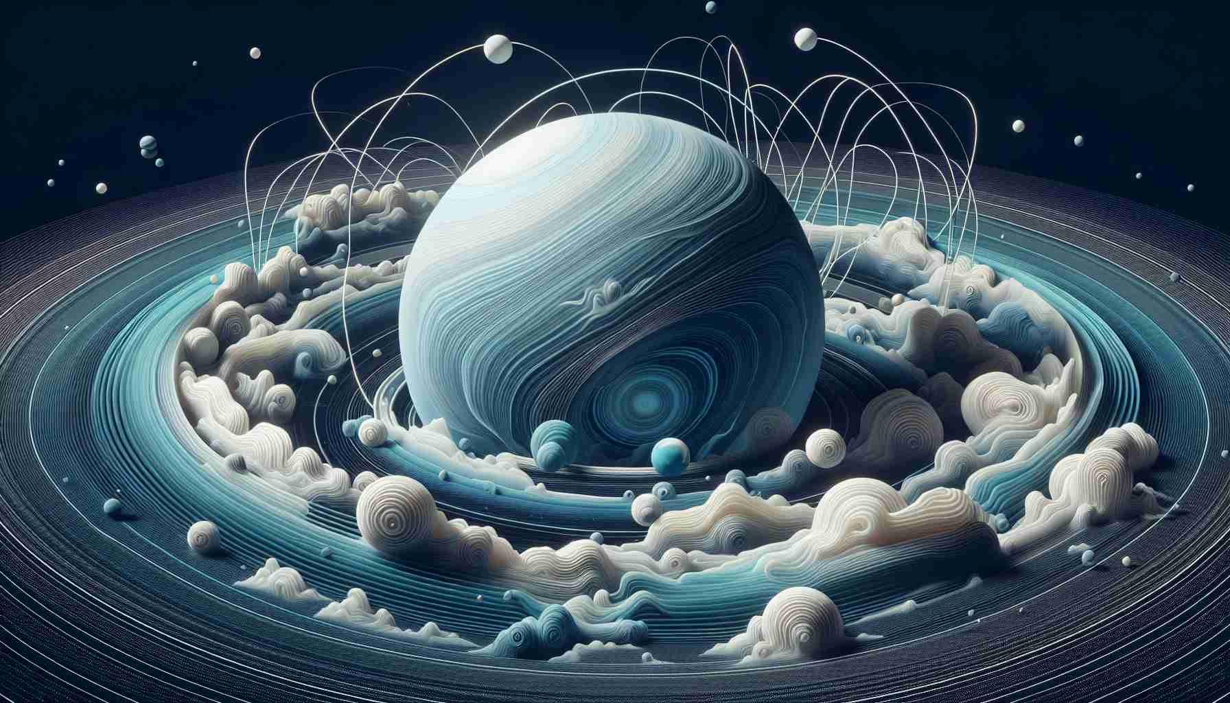 Create a high-definition, realistic image illustrating the mysteries of Uranus's magnetic field, representing an unplugged version with new perspectives. Visualize undulating lines around the planet to signify the unique nature of the magnetic field. Use shades of pale blue as the predominant color with interspersed white clouds and dark blue structures, simulating the planet's unconventional and captivating appearance.