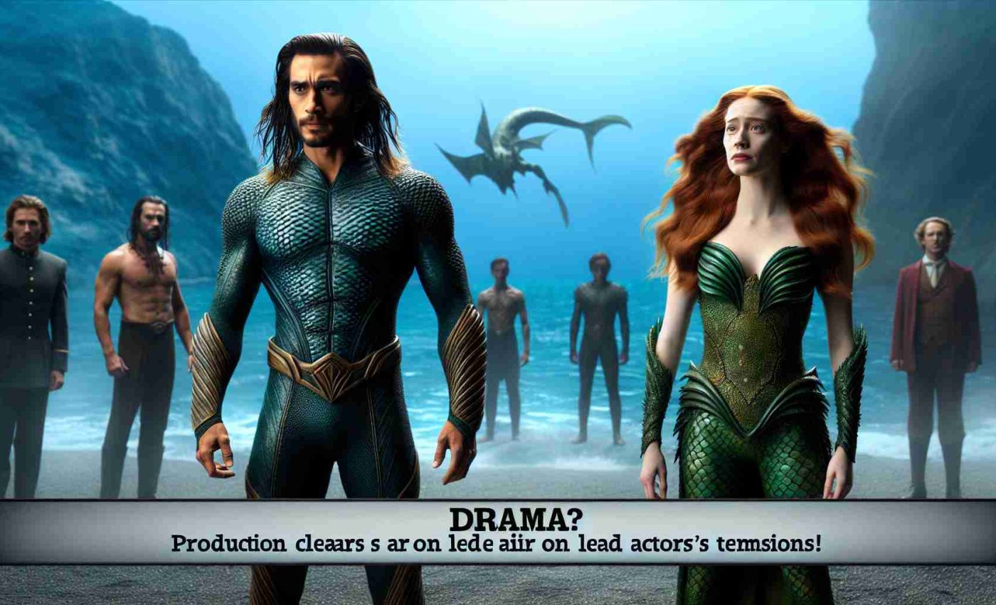 A high definition, realistic portray of the following imagined scene: A male actor with a well-built physique and long hair dyed in a dark shade is dressed as an underwater superhero, standing in an oceanic backdrop. This hero exudes strength and also projects a sense of nobility and leadership. Near him stands a fair-skinned female actress with flowing red hair, wearing a green, scaly costume, embodying a water-based superheroine character. Behind them, the phrase 'Drama? Production Clears Air on Lead Actors' Tensions!' can be seen written in bold, cinematic font. The atmosphere suggests mystery, resolving misunderstandings and cooperation.