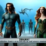 A high definition, realistic portray of the following imagined scene: A male actor with a well-built physique and long hair dyed in a dark shade is dressed as an underwater superhero, standing in an oceanic backdrop. This hero exudes strength and also projects a sense of nobility and leadership. Near him stands a fair-skinned female actress with flowing red hair, wearing a green, scaly costume, embodying a water-based superheroine character. Behind them, the phrase 'Drama? Production Clears Air on Lead Actors' Tensions!' can be seen written in bold, cinematic font. The atmosphere suggests mystery, resolving misunderstandings and cooperation.