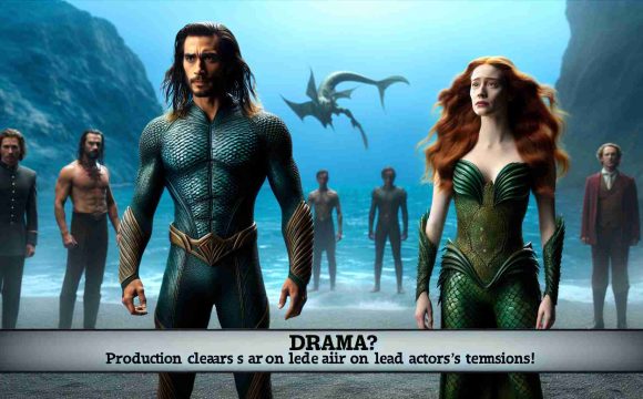 A high definition, realistic portray of the following imagined scene: A male actor with a well-built physique and long hair dyed in a dark shade is dressed as an underwater superhero, standing in an oceanic backdrop. This hero exudes strength and also projects a sense of nobility and leadership. Near him stands a fair-skinned female actress with flowing red hair, wearing a green, scaly costume, embodying a water-based superheroine character. Behind them, the phrase 'Drama? Production Clears Air on Lead Actors' Tensions!' can be seen written in bold, cinematic font. The atmosphere suggests mystery, resolving misunderstandings and cooperation.