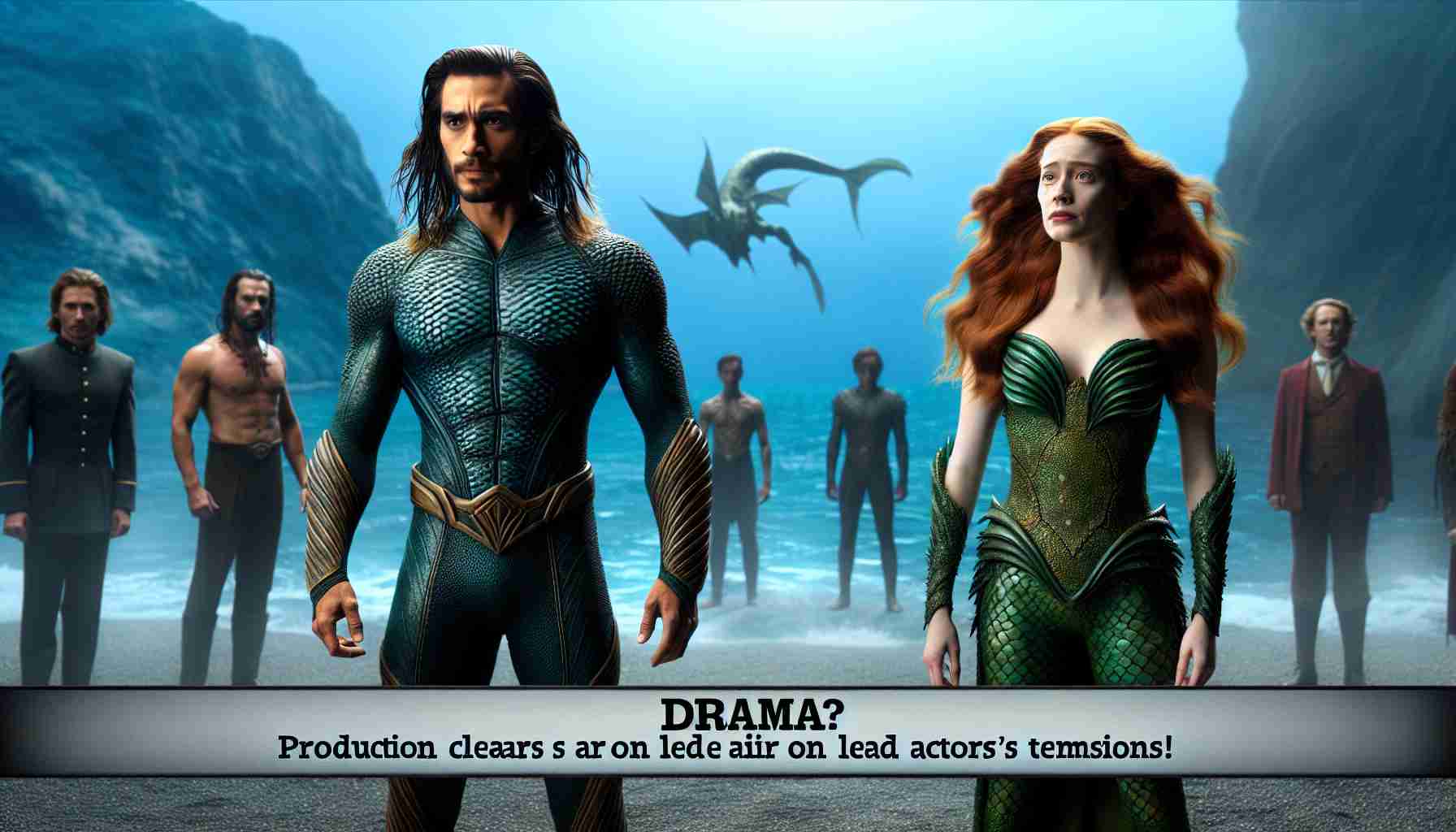 A high definition, realistic portray of the following imagined scene: A male actor with a well-built physique and long hair dyed in a dark shade is dressed as an underwater superhero, standing in an oceanic backdrop. This hero exudes strength and also projects a sense of nobility and leadership. Near him stands a fair-skinned female actress with flowing red hair, wearing a green, scaly costume, embodying a water-based superheroine character. Behind them, the phrase 'Drama? Production Clears Air on Lead Actors' Tensions!' can be seen written in bold, cinematic font. The atmosphere suggests mystery, resolving misunderstandings and cooperation.