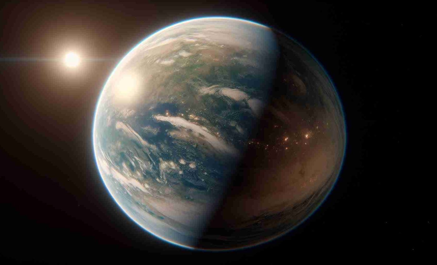 Generate a high-definition, realistic image of a newly discovered Earth-like planet, bathed in soft, warm light of its nearby star, implying a new hope for the future of humanity. Display the planet's surface with striking similarities to Earth, such as blues, greens, and whites indicating land, water, and cloud formations. Show a thin atmosphere shimmering around the planet, suggesting its potential for supporting life.