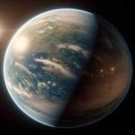 Generate a high-definition, realistic image of a newly discovered Earth-like planet, bathed in soft, warm light of its nearby star, implying a new hope for the future of humanity. Display the planet's surface with striking similarities to Earth, such as blues, greens, and whites indicating land, water, and cloud formations. Show a thin atmosphere shimmering around the planet, suggesting its potential for supporting life.