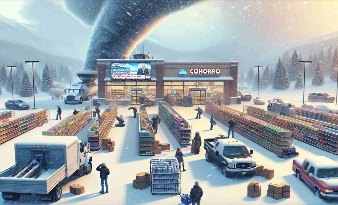 Create a realistic, high-definition image that portrays the scenario of a snowstorm alert in Colorado. The scene shall emphasize the preparations and reactions of the public as they brace for meteorological chaos. Perhaps show flurries beginning to descend on empty grocery store shelves, or citizens stocking up on necessary supplies. Broadcast news reporting on the upcoming storm could be depicted on televisions in the background. Plows and salt trucks might also be visible, gearing up for the heavy snowfall. Overall, the essence of anticipation and preparation for a major weather event should be clearly captured.